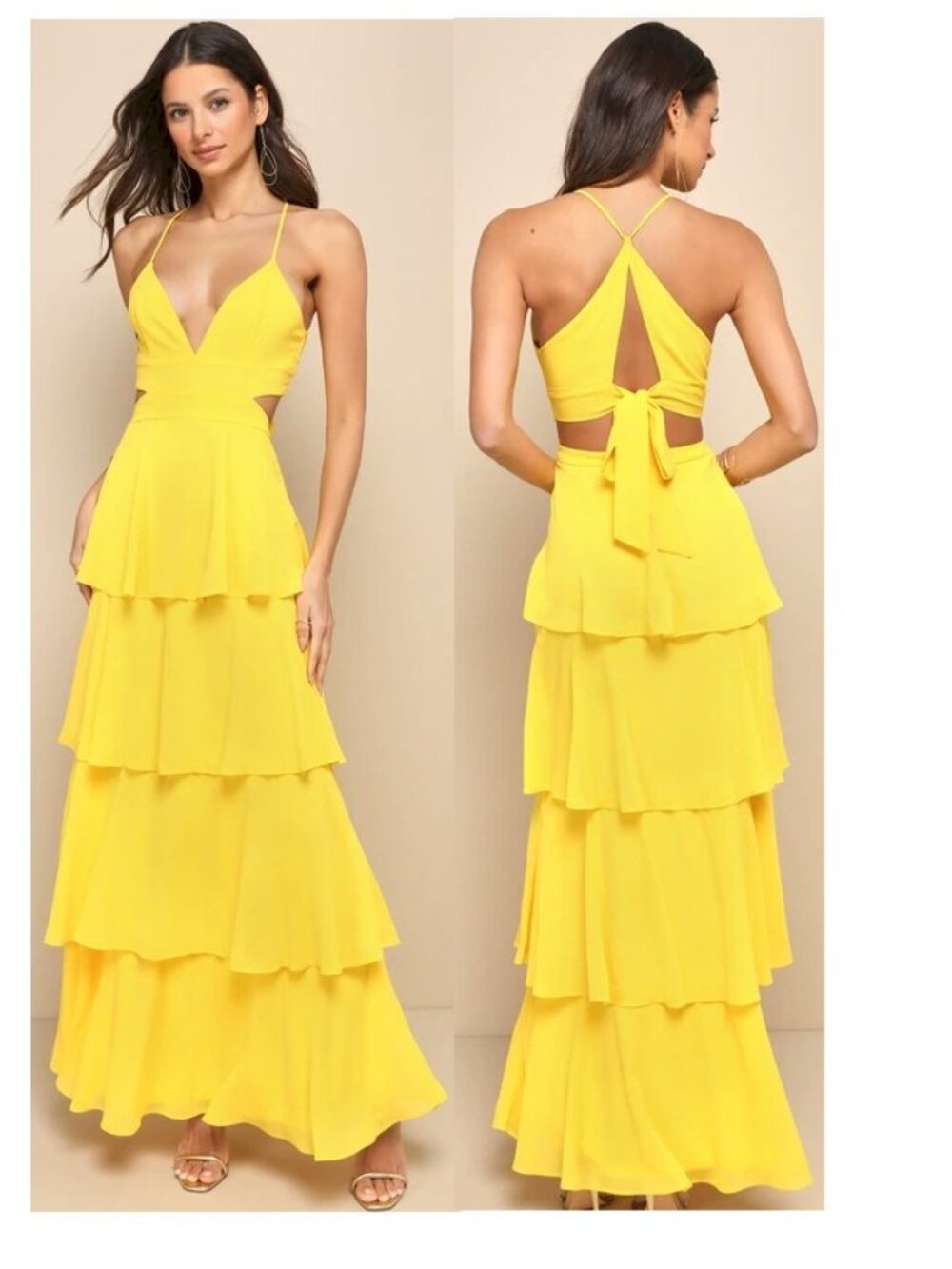 Lulus Tier And Now Yellow Tie-Back Tiered Maxi Dress Basic Sleeved X-Small
